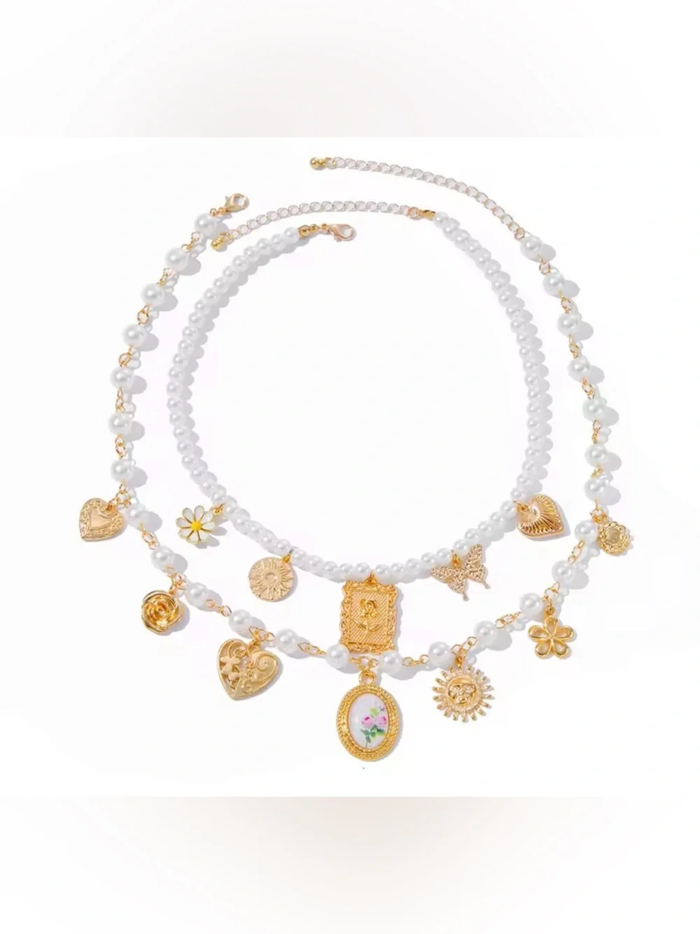 Gold and Pearl Layered Charm Necklace - Women Jewelry